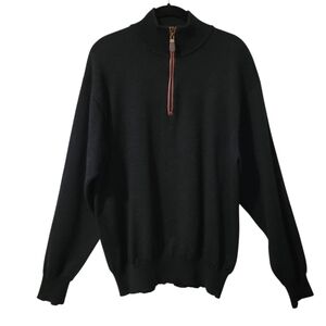 Orvis Mens Large Black Merino Wool 1/4 Zip Leather Trim Sweater Casual Warm